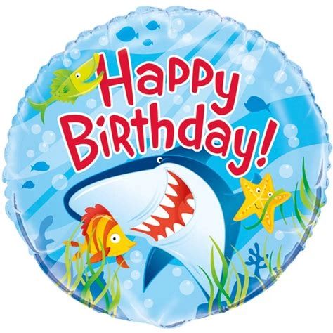 (#20) Shark & Fin Friends Happy Birthday Foil Balloon, 18in - Under the Sea