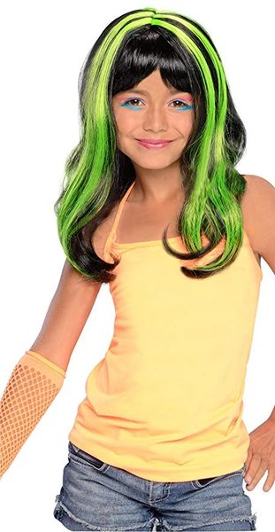 *Two Tone Black Wig, Girls Green-Streaked Hair, Girls - After Halloween Sale