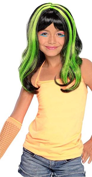 *Two Tone Black Wig,Girls Green Streaked Hair, Girls - Halloween Sale