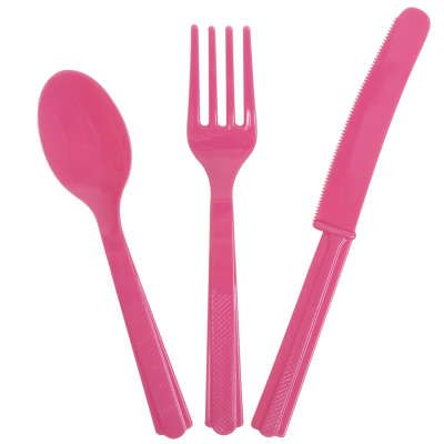 *Pink Plastic Cutlery, 18ct - 6 Forks, Spoons, Knives - Utensils