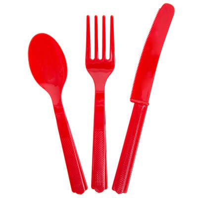 *Red Plastic Cutlery, 18ct - 6 Forks, Spoons, Knives - Utensils