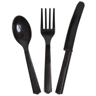 BOGO SALE - Black Plastic Cutlery, Midnight Black, Assorted Utensils 18ct - 6 Forks, Spoons, Knives After Halloween Sale