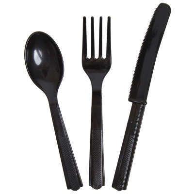 *Black Plastic Cutlery, 18ct - 6 Forks, Spoons, Knives - Utensils