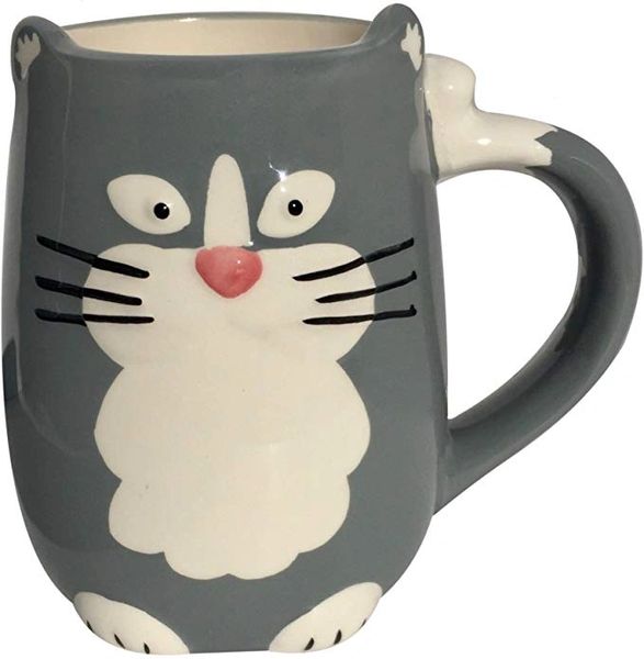 Cat Lover Ceramic Coffee Mug, Tea Cup - Gray, White, 16oz - Animal Gifts