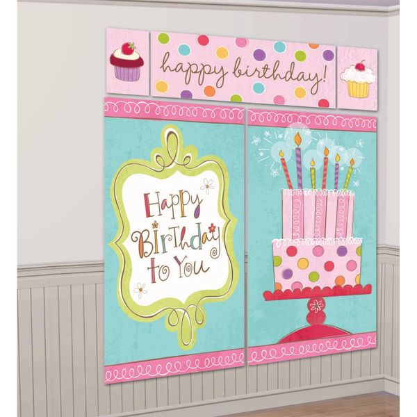 BOGO SALE - Happy Birthday Cake Scene Setter, Pink, Wall Banner Birthday Decoration Kit - 5pcs