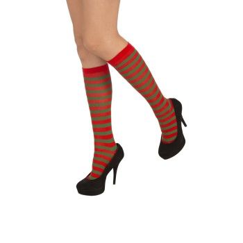 *Striped Knee-High Socks, Red, Green, Women's - Christmas