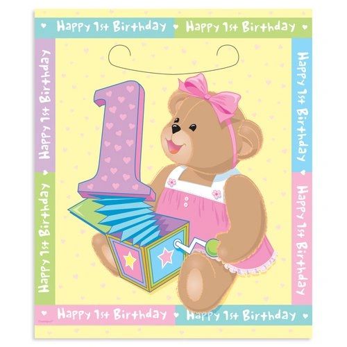 Girls 1st Birthday Pink Teddy Bear Loot Bags, 8ct