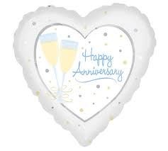 (#7) Happy Anniversary Heart Shape Foil Balloon, Champagne Flute Glasses - White