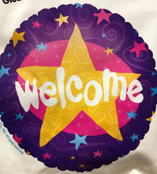 (#5) Welcome, Yellow Star Round Foil Balloon, Purple - 18in