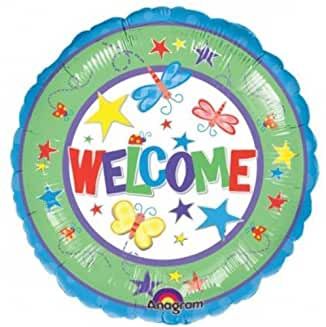 Welcome Balloon - Butterflies & Star Colorful Round Foil Balloon, 18in - Blue, Green