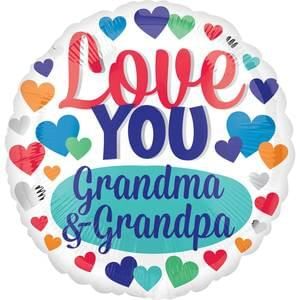 (#1) Love you Grandma & Grandpa Hearts, Round Foil Balloon - White
