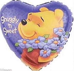 (#5) Winnie the Pooh Balloon - "Snuggly and Sweet" with Flowers - Purple Heart Shape Foil Balloon, 18in - Girlfriend - Just Because - Valentines Day