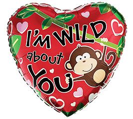 (#24) I'm Wild about You w/Monkey, Heart Shape Foil Balloon, 18in - Love Balloons - Valentines Day - Girlfriend