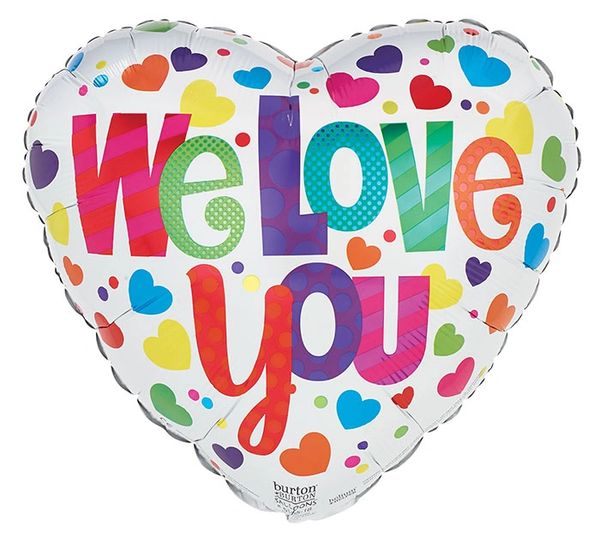 (#25) We Love You, Colorful Hearts, Heart Shape Foil Balloon