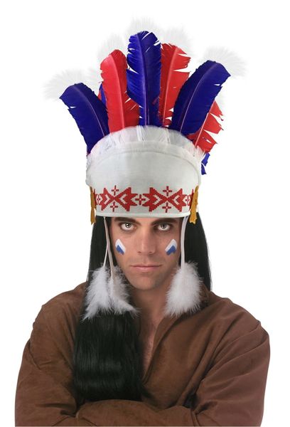 *Indian Chief Headdress, Men's - Native American, Red, Blue - Halloween Costumes