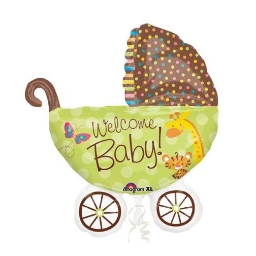 (#W1) Welcome Baby Balloon - Stroller, Carriage, Buggy Super Shape Foil Balloon, Green, Brown - 31in