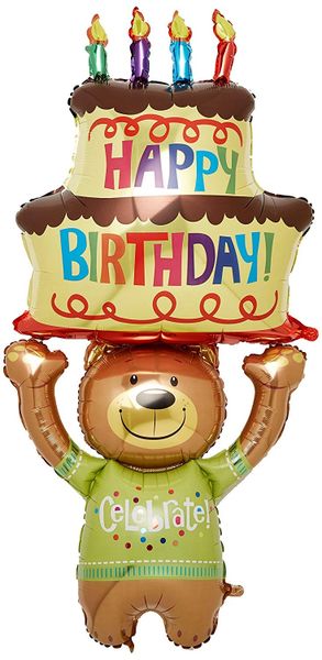 (#17) Giant Happy Birthday Teddy Bear & Cake Balloon, 60in - Celebrate Super Shape Foil Balloon - Jumbo Birthday Balloon