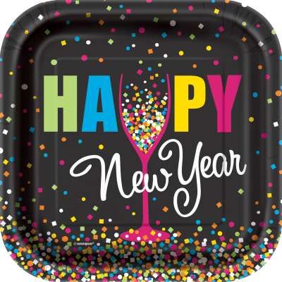 *Happy New Year Black Square Party Cake Plates, Confetti, 7in - 10pcs - NYE - New Years Eve