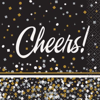 *Cheers! Confetti Black Party Beverage/Cocktail Napkins, 16ct - Silver, Gold - Celebrate