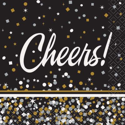 Cheers Confetti Beverage Napkins, 16ct - Black, Silver, Gold