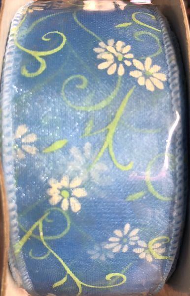 *Sheer Blue Floral Ribbon with Daisy Flowers, 1.5x25yds