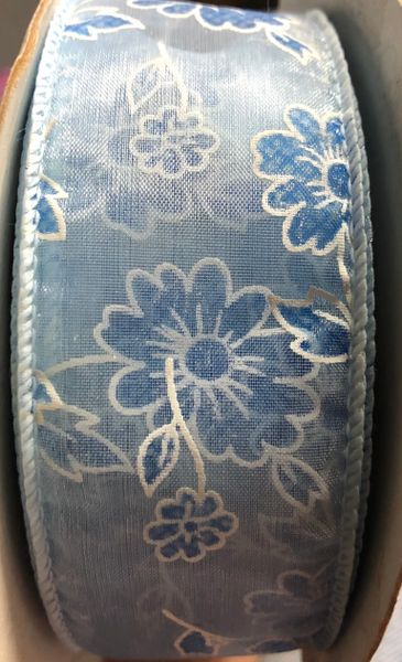 *Sheer Blue Fabric Floral Ribbon, 1x20yds