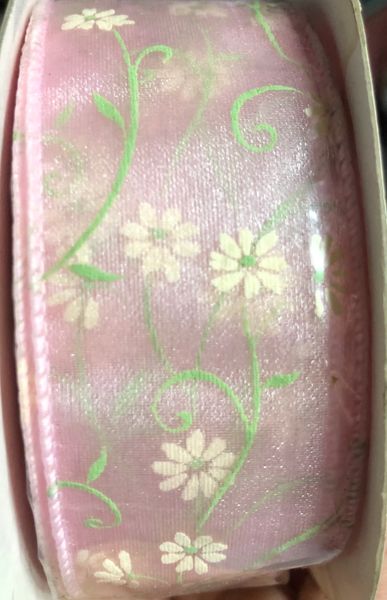 *Sheer Pink Floral Ribbon 1x25yds