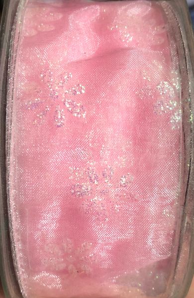 *Sheer Pink Ribbon, White Glitter Floral Design, 1.5x20yds