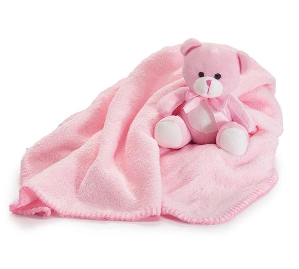 *Newborn Baby Girl Gift Set, Plush Teddy Bear & Fleece Blanket - 40x32in