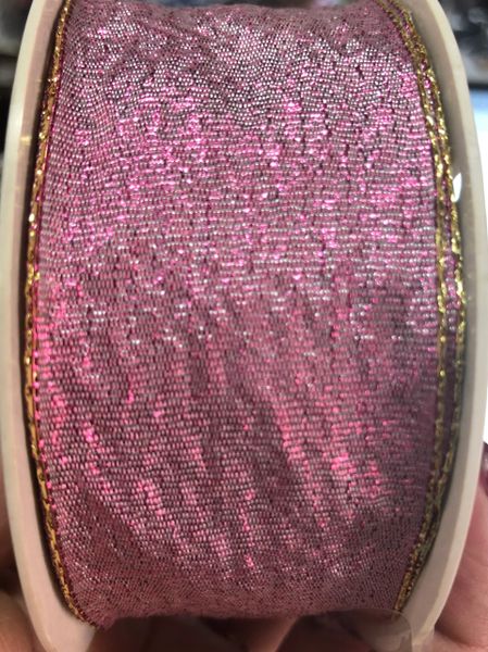 *Metallic Pink Wired Woven Ribbon 1.5x10yds #9 40mm - Gold Edge