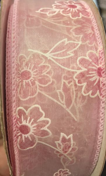 *Sheer Pink Floral Ribbon 1x20yds