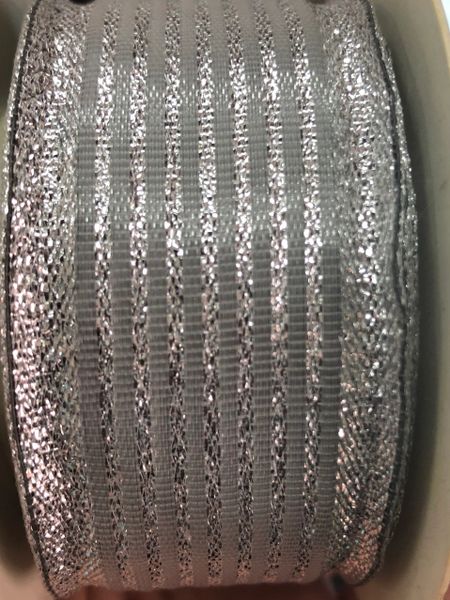 2 Rolls Striped Silver Ribbon, Wired Fabric Ribbon 1.5x10yds #9 40mm - Holiday Sale