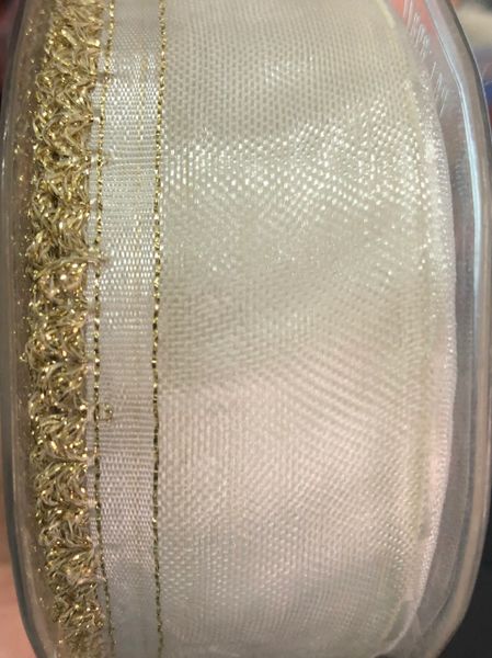 2 Rolls, Sheer White Ribbon with Gold Edge, Fabric Ribbon 35mm x 25yds