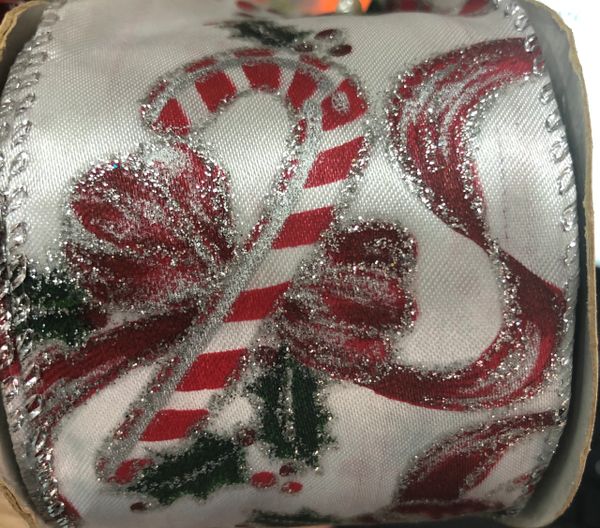 *Wide Candy Cane White Fabric Ribbon 2.5 x 10yds - Christmas