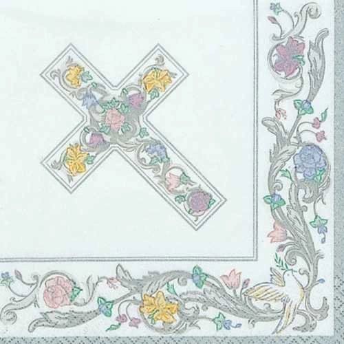 BOGO SALE - Cross Scroll Communion Party Napkins, Silver Border, 16ct