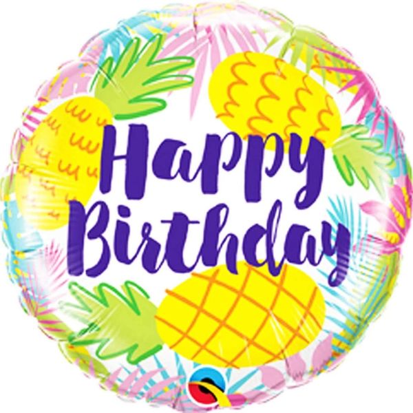 (#24) Happy Birthday Pineapples Round Foil Balloon, 18in - Tropical Luau Party