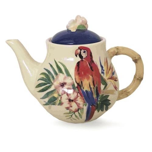 Tropical Island Parrot Teapot, Bamboo Handle Look - 7in