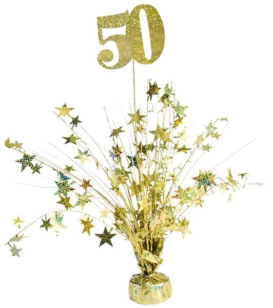 *50th Celebration Gold Metallic Stars Spray Table Centerpiece Decoration, 18in