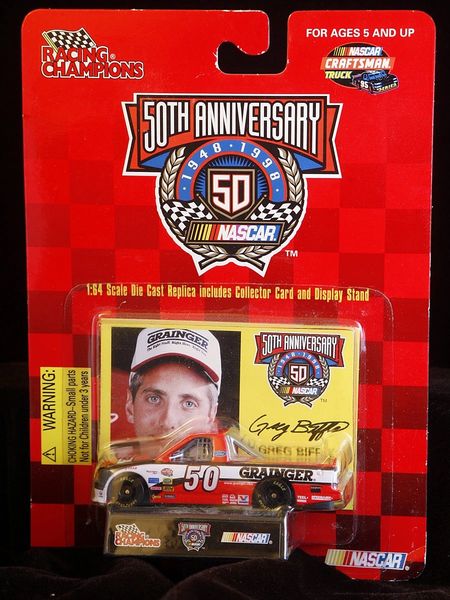 Rare Vintage NASCAR 50th Anniversary Racing Champions, 1:64 Scale Die Case Replica, Collector Card, Display Stand - Greg Biffle #50 - Craftsman Truck, 1998