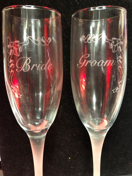 *Bride and Groom Champagne Flute Glasses, Frosted Stem - Engagement - Wedding Gifts, Bridal