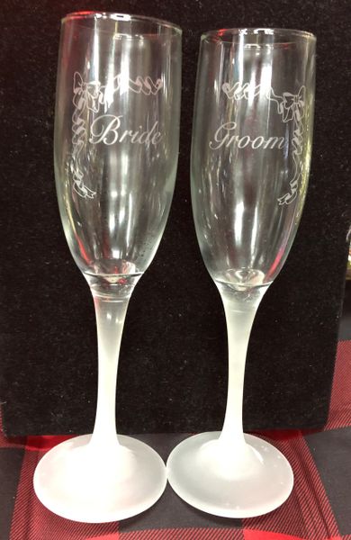 Bride and Groom Champagne Flute Glasses, Frosted Stem - Wedding Gifts, Bridal Gifts - Collection's by Bouquet Mates - Discontinued