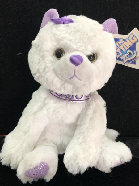 *White Furry Cuddly Plush Cat, Lavender Ears - The Petting Zoo, 11in