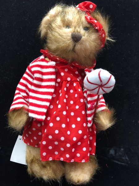 *Rare Christmas Teddy Bear Girl Plush, 13in - Red, White Pajamas, Holding Peppermint Candy - By Bearington Collections - Stuffed Animals