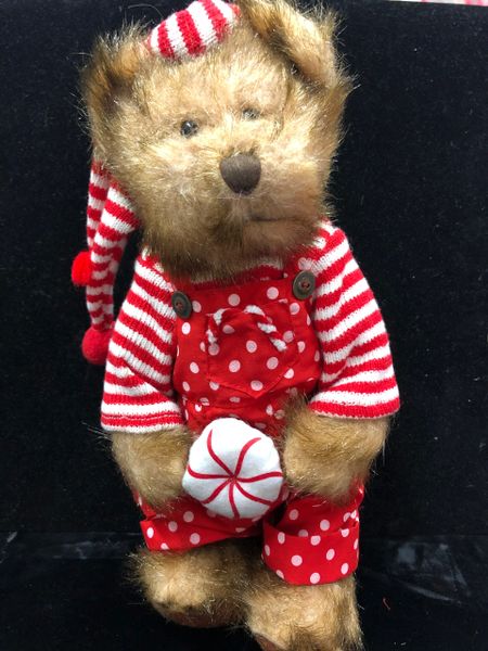*Rare Christmas Teddy Bear Boy Plush, 13in - Red, White Pajamas, Holding Peppermint Candy - By Bearington Collections - Stuffed Animals