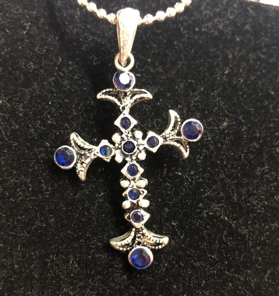 Cross Charm Necklace with Blue Stones, Silver - Costume Jewelry - After Halloween Sale