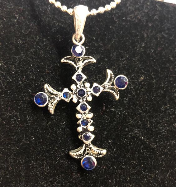 *Blue Cross Charm on Silver Beaded Necklace - Costume Jewelry