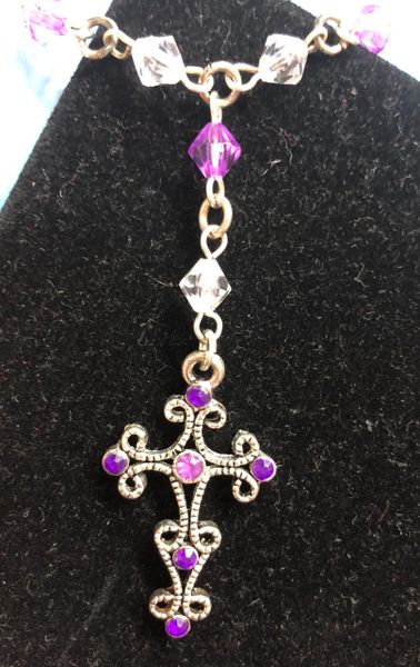 BOGO SALE - Purple Rosary, Cross Necklace - Costume Jewelry - Halloween Sale