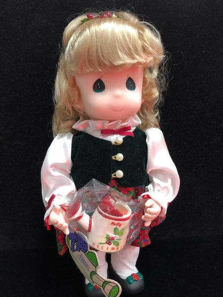 DOLL SALE - Rare Precious Moments Holly December Doll - Gardens of Friends, Blonde Hair, 12in, 1995 - Holiday Sale