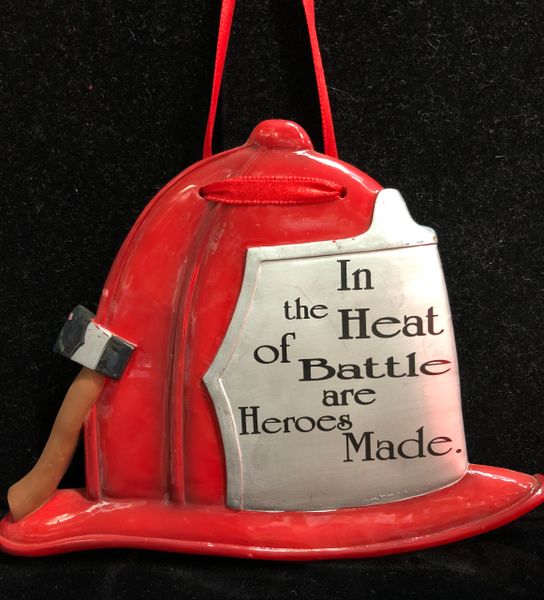 Firemen Plaque, In the Heat of Battle are Heroes Made, Red Firefighter Helmet Shape Hanging Plaque