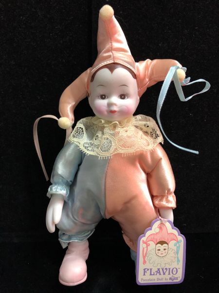 DOLL SALE - Porcelain Clown Jester Doll, Flavio, 6in by Russ